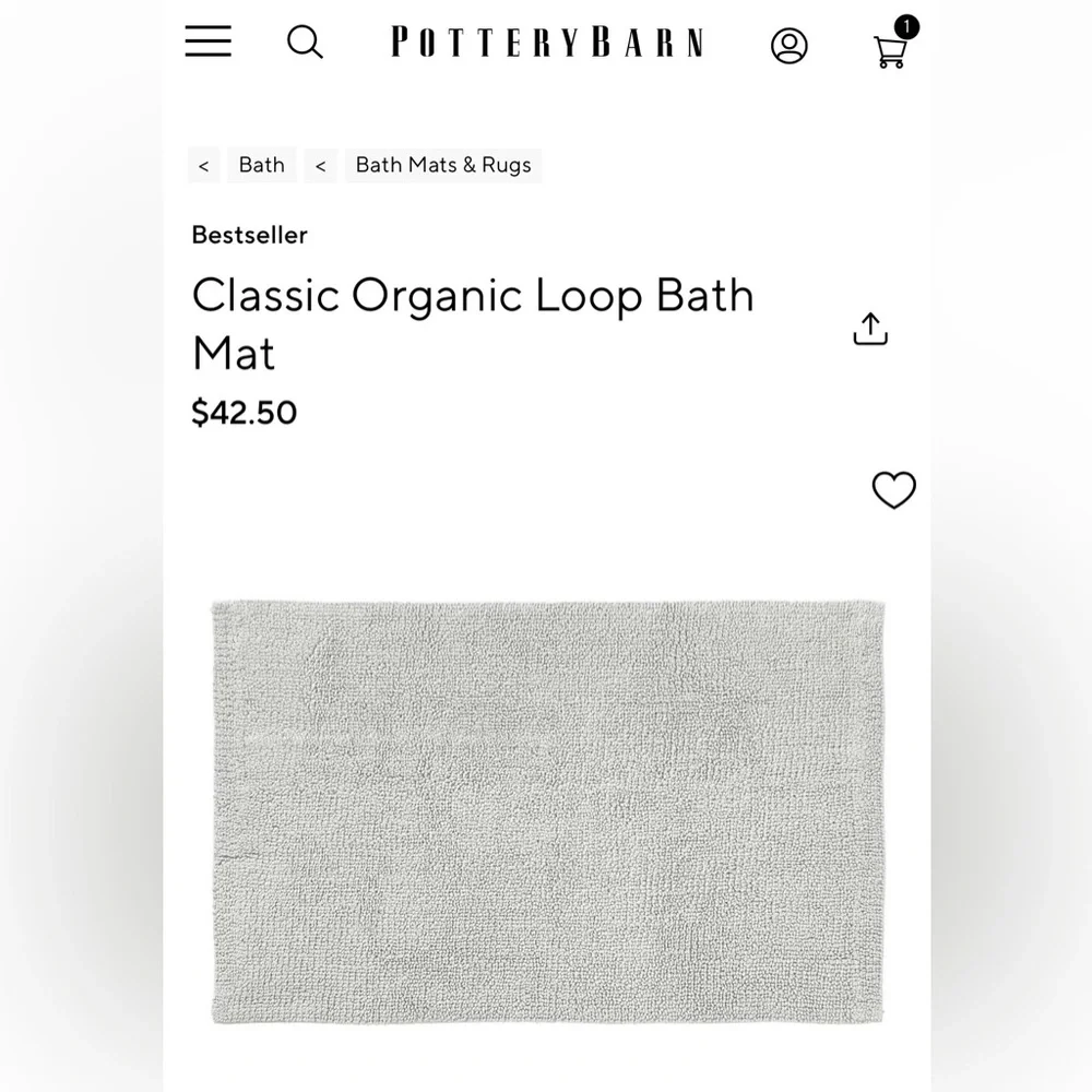 Pottery Barn Classic Organic Loop Bath Mat, Gray Mist, 21.5” x 34”, LIKE NEW